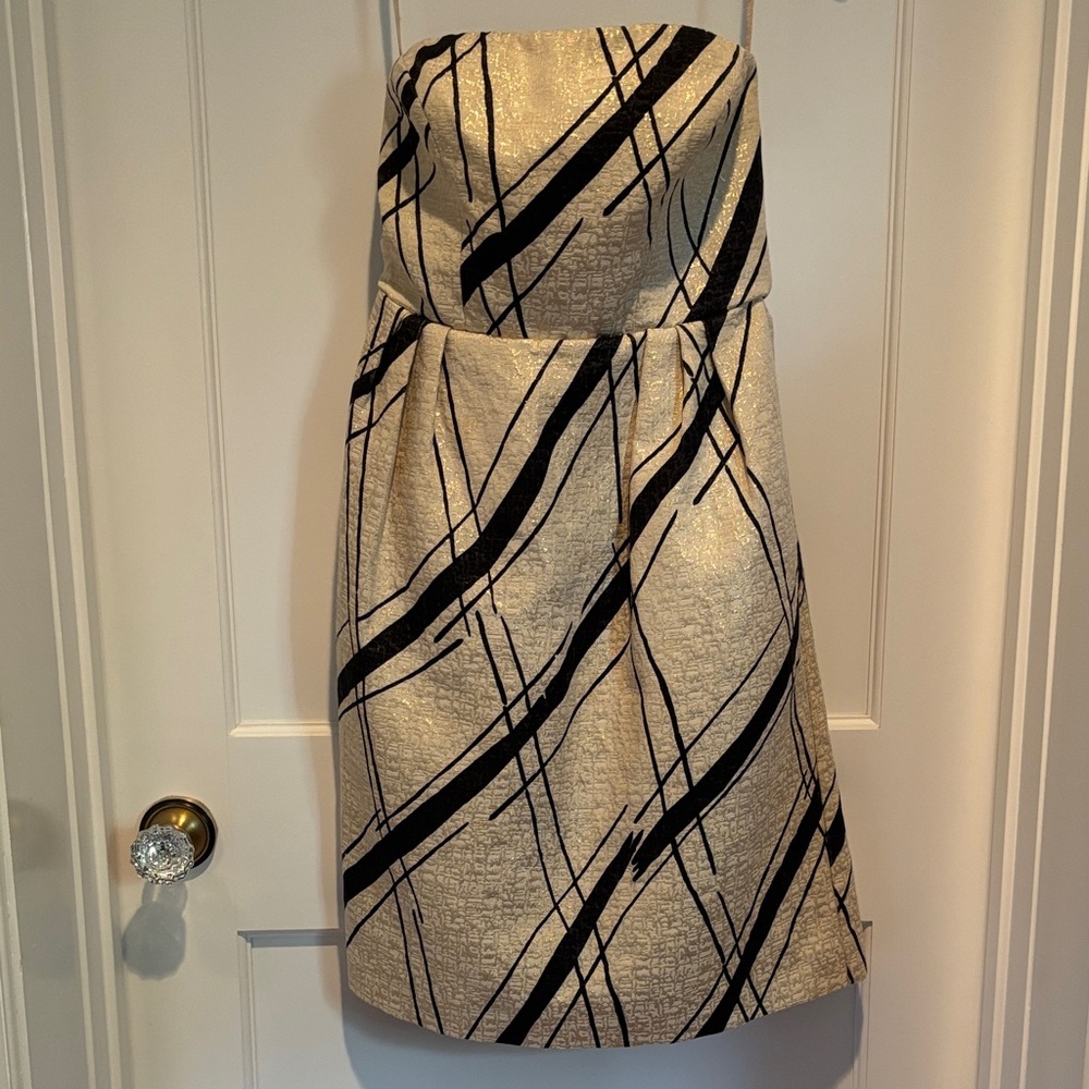 Girls from Savoy Dashed Gilt Brocade Strapless Dress in ivory, black, & gold